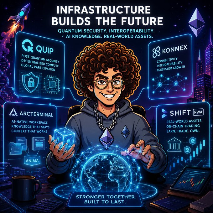 The image features a cartoon depiction of a person wearing glasses, holding a cube, and surrounded by various pieces of technology such as computers and cell phones. The scene takes place against a backdrop of a city skyline with buildings and a rocket ship. The caption reads "Infrastructure builds the future" and includes several pieces of information about different companies like Quip Network, Quantum Security, and Konex.