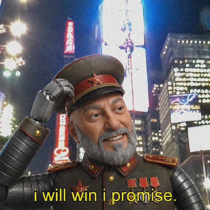 A digitally edited image of a man in a Soviet military uniform with a robotic arm saluting, set against a Times Square backdrop, with the text 'i will win i promise.'