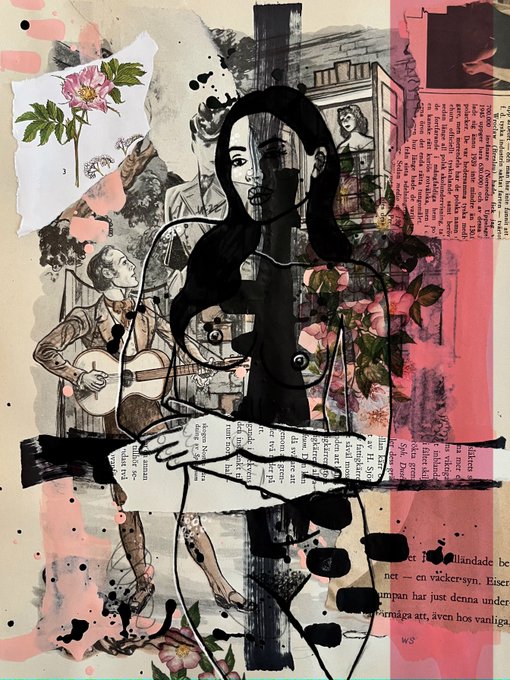 A mixed-media collage artwork depicting a stylized nude female figure in black ink, surrounded by floral illustrations, a guitarist, vintage book pages, and pink background elements.