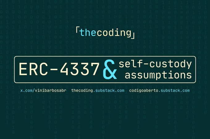 A graphic design with a binary code background featuring the text '⌈thecoding⌉', 'ERC-4337 & self-custody assumptions', and links to x.com, substack, and codigoaberto.substack.com.