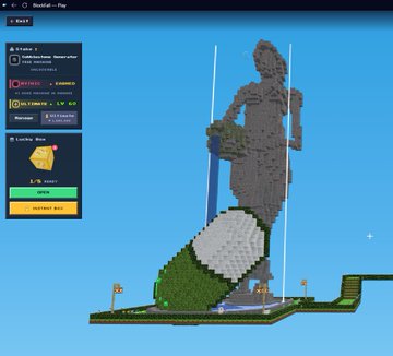 A voxel-based 3D building game (similar to Minecraft) showing a large statue being constructed on a floating island with a leaderboard and game stats panel on the left side.