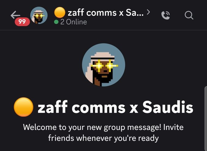 A Facebook Messenger group chat called "zaff comms x Saudis" with 2 online members displays a welcome message: "Welcome to your new group message! Invite friends whenever you're ready," signaling a new collaboration channel between "zaff comms" and "TheSaudisNFT."