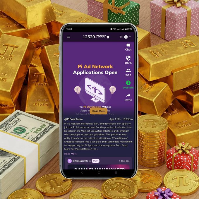 A smartphone displaying the "Pi Ad Network" application against a background of gold bars, coins, cash, and gifts.