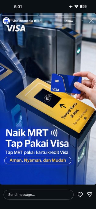 An Instagram story from Visa Indonesia (@visa.indonesia) promoting tap-to-pay with Visa credit cards at MRT turnstiles, featuring the text 'Naik MRT Tap Pakai Visa' and 'Aman, Nyaman, dan Mudah.'