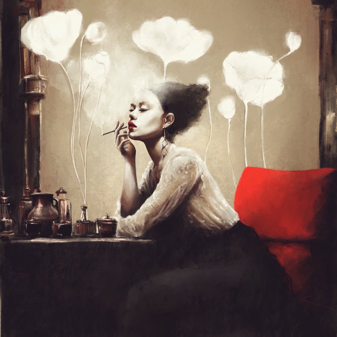 A painting of a woman smoking a cigarette, with white flower-shaped smoke billowing above her head, sitting at a vanity with a red cushion nearby.