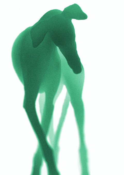 A minimalist watercolor or digital painting of a green, stylized dog-like figure rendered in loose, overlapping brushstrokes against a white background.