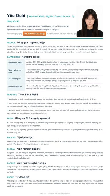 This image is a Vietnamese-language CV/resume of a Web3 Key Opinion Leader (KOL) named Yếu Quái, priced at 50,000 USD/month, highlighting her expertise in Web3 operations, scriptwriting, AI training, and experience with notable projects like Web3.com, SoftBank, and Aethir, which aligns with the accompanying post describing her as a top Web3 KOL offering professional collaboration services to the Vietnamese community.