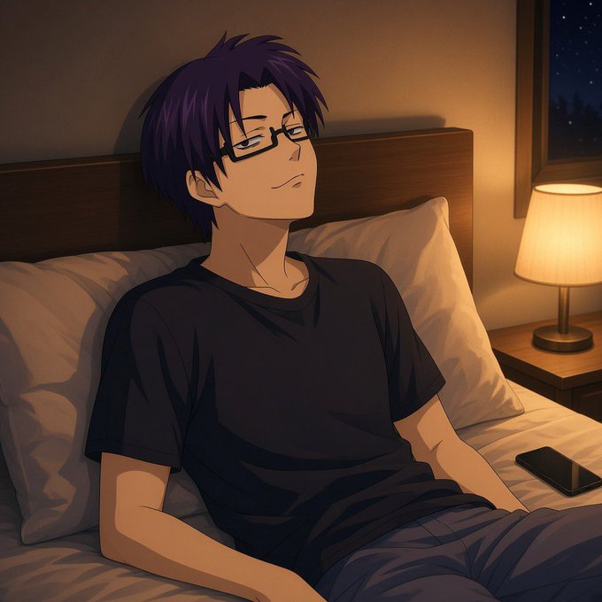 An anime-style illustration of a young man with purple hair and glasses relaxing on a bed.
