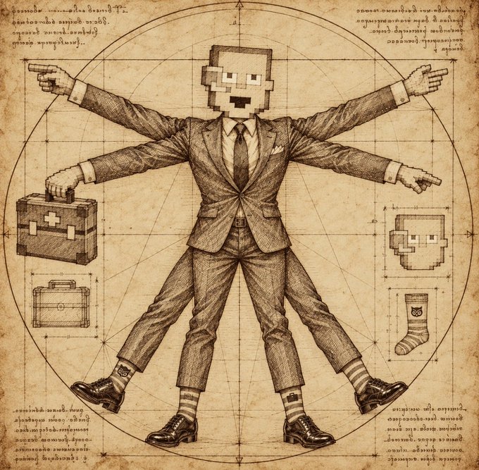 A sepia-toned illustration styled like Leonardo da Vinci's Vitruvian Man, depicting a figure with a pixelated head wearing a business suit, holding a briefcase, surrounded by geometric sketches and text.