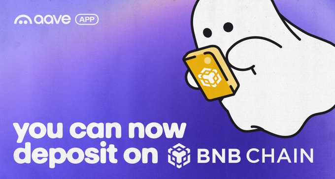 Aave's ghost mascot holds a BNB Chain card on a purple background with the text "you can now deposit on BNB CHAIN" and the Aave App logo, announcing the platform's new support for USDC and USDT deposits on BNB Chain.