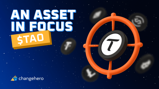 The image is a promotional graphic titled "AN ASSET IN FOCUS" featuring the ticker "$TAO," with a large crosshair/target aimed at the Bittensor (TAO) logo surrounded by other cryptocurrency tokens, visually reinforcing the post's focus on TAO as a decentralized AI marketplace token. The ChangeHero branding appears at the bottom left.