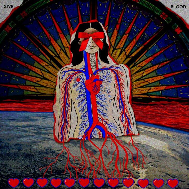 The image features a woman with her heart exposed, surrounded by red hearts that symbolize love. The background of the image depicts a planet or globe, which could represent the vastness of love itself. The caption above the image reads "OBJKT#881116 Open Your Heart One Vein at a Time Blood is like love; it cannot be manufactured or artificially replicated. To give blood is to perform the purest act of love. Life itself is freely given." This message emphasizes the importance and impact of giving blood, as well as the beauty and depth that can be found in acts of selfless love.