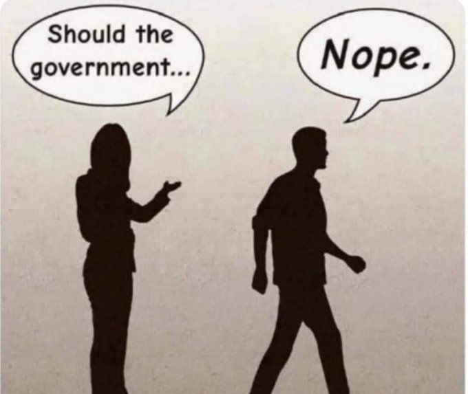 A cartoon illustration of a man and woman, with the man holding a microphone and the woman holding a sign that says "SHOULD THE GOVERNMENT...NO!", is shown against a gray background.