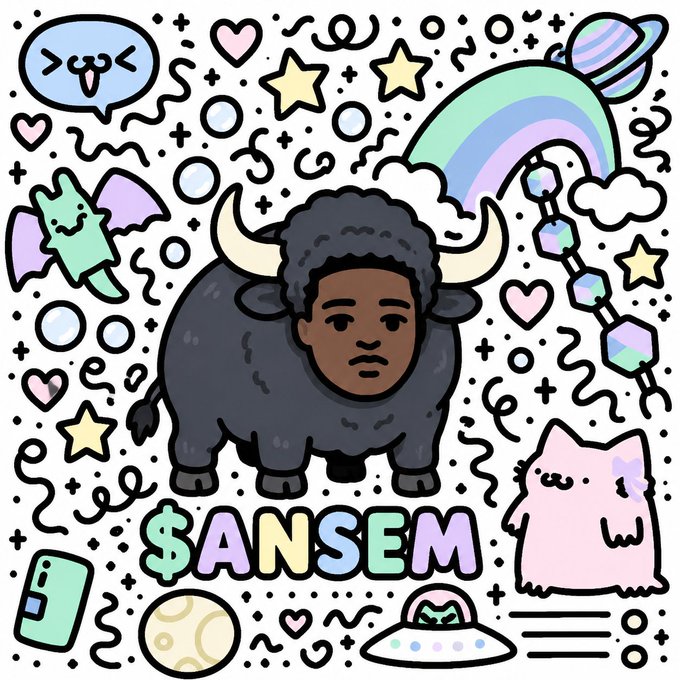 A colorful cartoon illustration featuring a person with a buffalo, a bat, a cat, a rainbow, UFOs, and stars, with the text '$ANSEM' displayed at the bottom.