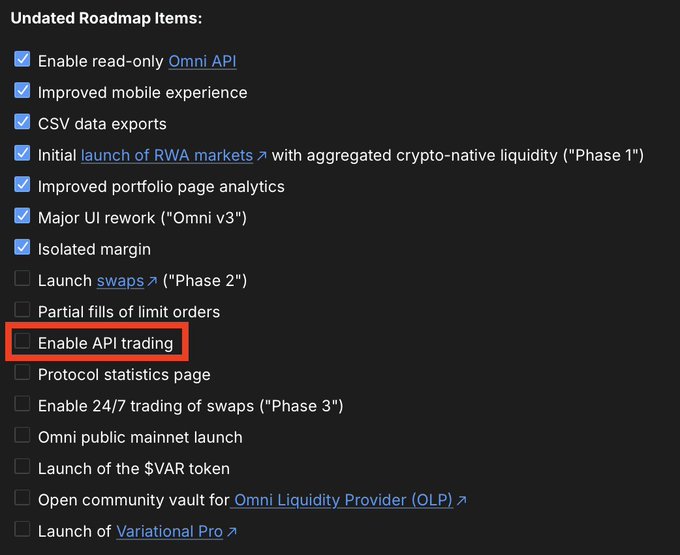 The screenshot shows Variational's "Undated Roadmap Items" checklist, where most features are marked completed with blue checkmarks, while unchecked items like "Launch swaps (Phase 2)," "Enable API trading," and "$VAR token launch" remain pending—directly illustrating the post's point that only the API is finished while key milestones like API trading are still not enabled.