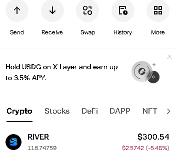 A mobile app screenshot showing navigation icons for Send, Receive, Swap, History, and More, with a banner reading 'Hold USDG on X Layer and earn up to 3.5% APY.' and a crypto listing for 'RIVER' at $300.54 with a 24h change of $2.5742 (-5.48%).