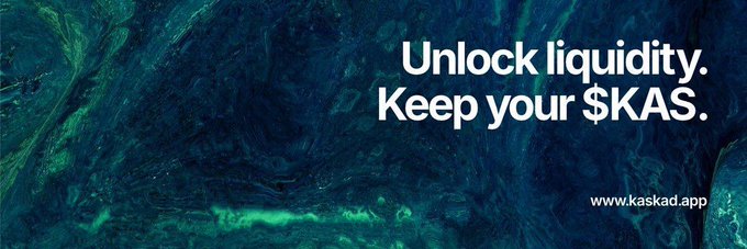The image features a banner with a blue background, white text, and an image of a green marble surface. The text on the banner reads "Unlock Liquidity. Keep your $KAS. . .", which suggests that the image is related to Kaspa holders or projects like @AppKaskad, where users can use their KAS as productive capital instead of just holding it in a wallet.