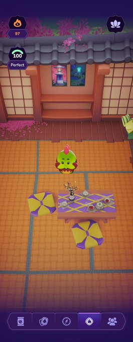 A mobile game screenshot showing a Japanese-style room with tatami mats, a green cactus-like character, and a small figure sitting at a low table with tea and sushi, with 'Perfect' rating and 100/97 meters displayed.