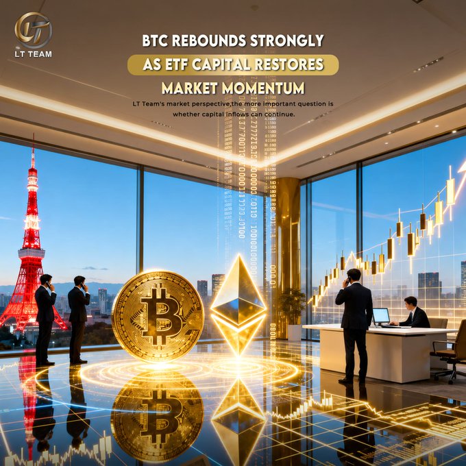 A sleek trading floor overlooking Tokyo Tower features glowing Bitcoin and Ethereum symbols alongside a rising candlestick chart, with the headline "BTC Rebounds Strongly as ETF Capital Restores Market Momentum" highlighting the post's focus on Bitcoin's recovery and renewed ETF-driven institutional confidence.