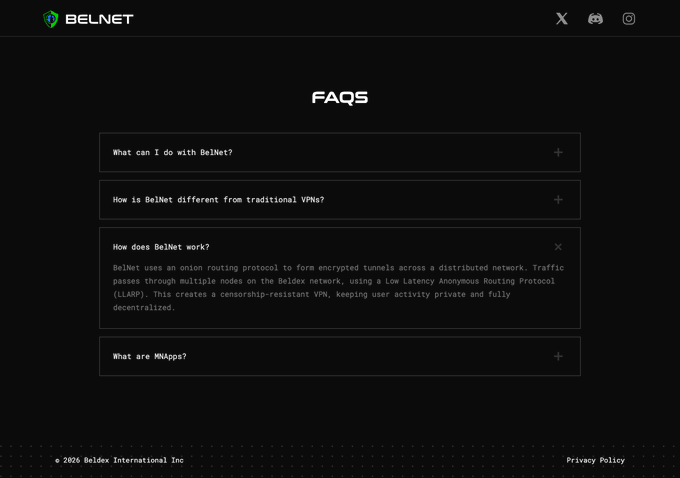 A BELNET FAQs webpage displaying questions like 'What can I do with BelNet?', 'How is BelNet different from traditional VPNs?', and 'How does BelNet work?' with an expanded answer explaining their onion routing protocol and Low Latency Anonymous Routing Protocol (LLARP).