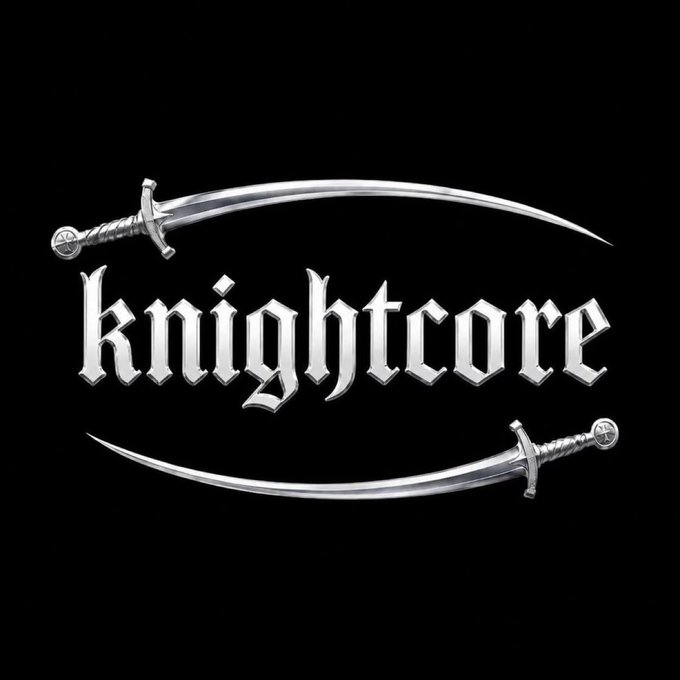 A logo featuring two curved silver swords arranged horizontally around the gothic-style text 'knightcore' on a black background.