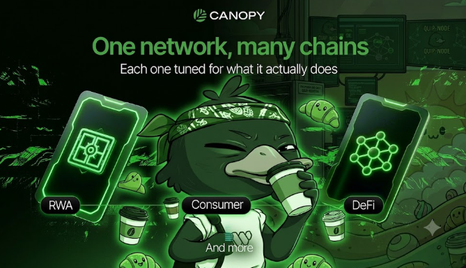 A promotional graphic for 'CANOPY' with the headline 'One network, many chains' and 'Each one tuned for what it actually does', featuring an animated character drinking from a coffee cup surrounded by floating phones labeled 'RWA', 'Consumer', and 'DeFi'.