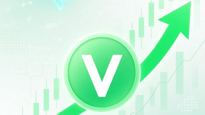A green-themed graphic featuring a large 'V' logo on a circular badge, with a prominent upward-pointing green arrow overlaying a candlestick stock chart background.