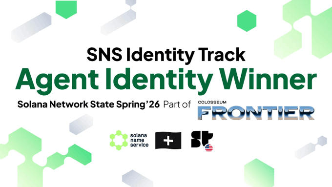 The image features a white banner with green text that reads "SNNS Identity Track Agent Identity Winner" and includes logos for Solana Network State Spring 26, Frontier, and Colonyum.