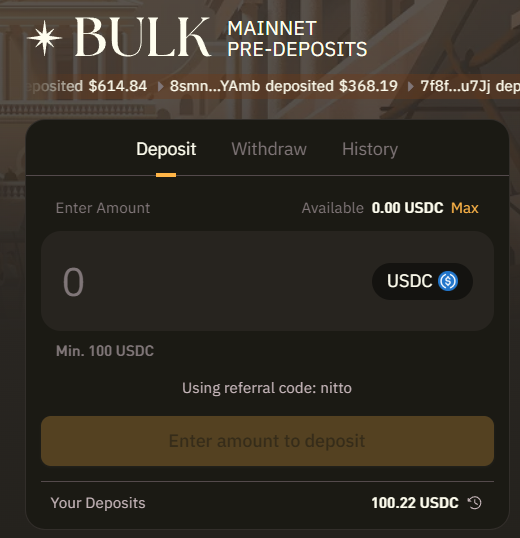The image shows a screen displaying an advertisement for BULK. It features a list of items being offered for pre-deposits, with details about these offerings such as the amount available and the usdc maximum. The image also displays a button that says "Use Reference Code" which allows users to enter their deposit information in order to access the bulk trade. The key message is encouraging people to use the reference code and deposit at least $100, as it appears there will be a 30% usdc maximum for those who do so.