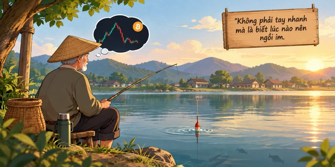 An anime-style illustration of an elderly man fishing by a lake at sunset, with a thought bubble showing a Bitcoin price chart and a sign reading 'Không phải tay nhanh mà là biết lúc nào nên ngồi im.'