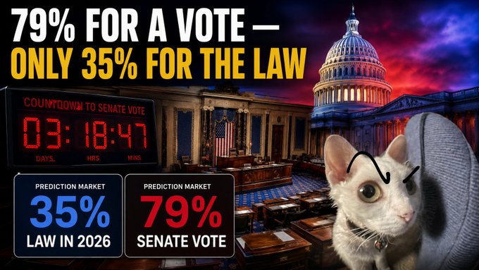 Political prediction graphic showing '79% FOR A VOTE – ONLY 35% FOR THE LAW' with a countdown timer of 03:18:47 and prediction market odds displayed alongside the US Capitol and a surprised cat wearing a headset.