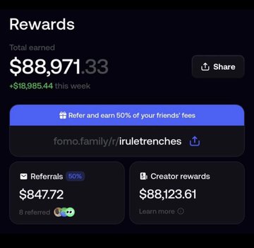 A mobile rewards screen shows 'Total earned $88,971.33' with a weekly increase of +$18,985.44, alongside referral earnings of $847.72 and creator rewards of $88,123.61, with a referral link 'fomo.family/r/iruletrendes'.