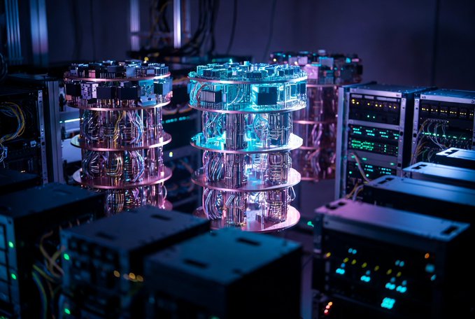 A 3D rendering of glowing blue and purple quantum computing hardware with cylindrical cryogenic systems surrounded by server racks.