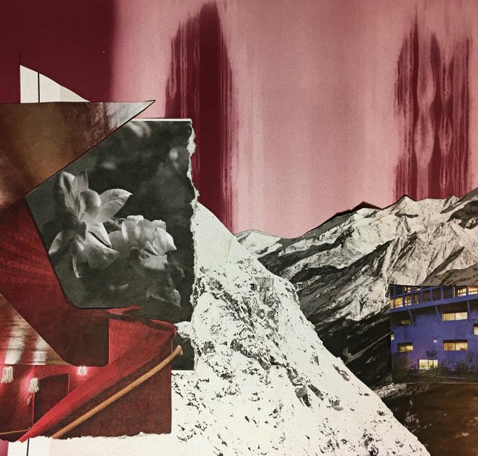 An artistic collage combining a pink background, a black-and-white image of flowers, snow-capped mountains, and a blue building at dusk with an abstract red shape on the left.