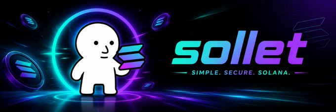 The image shows a promotional banner for the Sollet cryptocurrency wallet, featuring a friendly white ghost mascot holding the Solana logo against a neon-lit cosmic background, with the text "sollet" and the tagline "SIMPLE. SECURE. SOLANA." This banner visually represents Sollet as a crypto wallet on the Solana blockchain, aligning with the community member's addition of a banner for $Sollet on Moby.