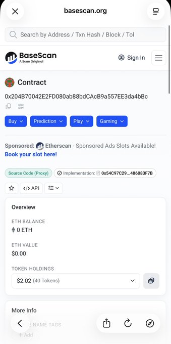 A BaseScan page on basescan.org showing details for Contract address 0x204870042E2FD080ab88bdCAcB9a557EE3da4bBc (a SE token), with tags Buy, Prediction, Play, Gaming, sponsored by Etherscan, showing 0 ETH balance and $2.02 in token holdings.