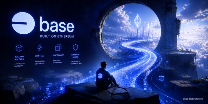 A promotional graphic for 'base BUILT ON ETHEREUM' highlighting 'BUILT FOR BILLIONS', 'LOW FEES', 'FAST FINALITY', and 'ETHEREUM SECURE', featuring a person looking out at a futuristic landscape. Credit reads 'elise @lilwhitex'.