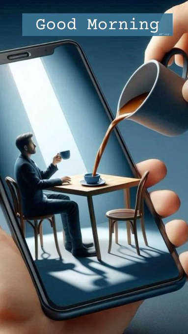 A 'Good Morning' graphic shows a hand holding a smartphone displaying a miniature man in a suit drinking coffee at a small table, while another hand pours coffee from a mug into the phone screen.