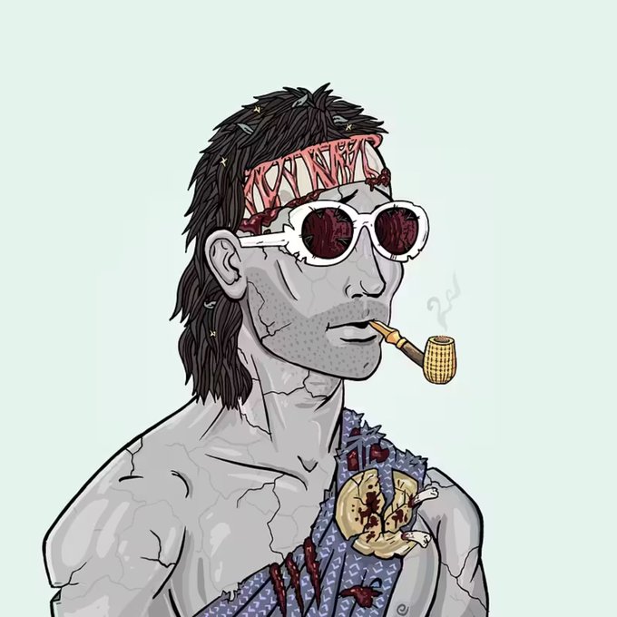 The image features a man with a stone face, wearing sunglasses and holding a pipe. The man appears to be in a cave or an abandoned building, which adds to the overall theme of the post. The caption reads "Just joined one of the most legendary communities in the space @DeGodsNFT hits different". This suggests that the image is related to a popular online community known as "DeGodsNFT", where people share and discuss various topics or themes, including the unique appearance of the man depicted in the image.