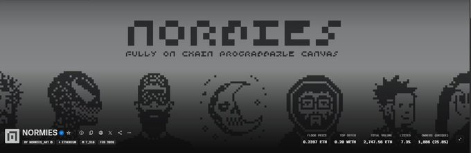 Website header for "NORMIES" described as a "Fully On Chain Programable Canvas," featuring pixel-art character icons and contract details at the bottom.