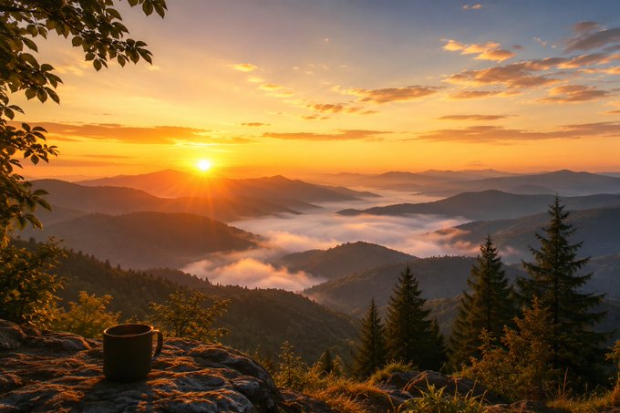 Scenic landscape photograph of a sunrise or sunset over misty mountain ranges, with a coffee mug sitting on a rocky ledge in the foreground and evergreen trees on the right.