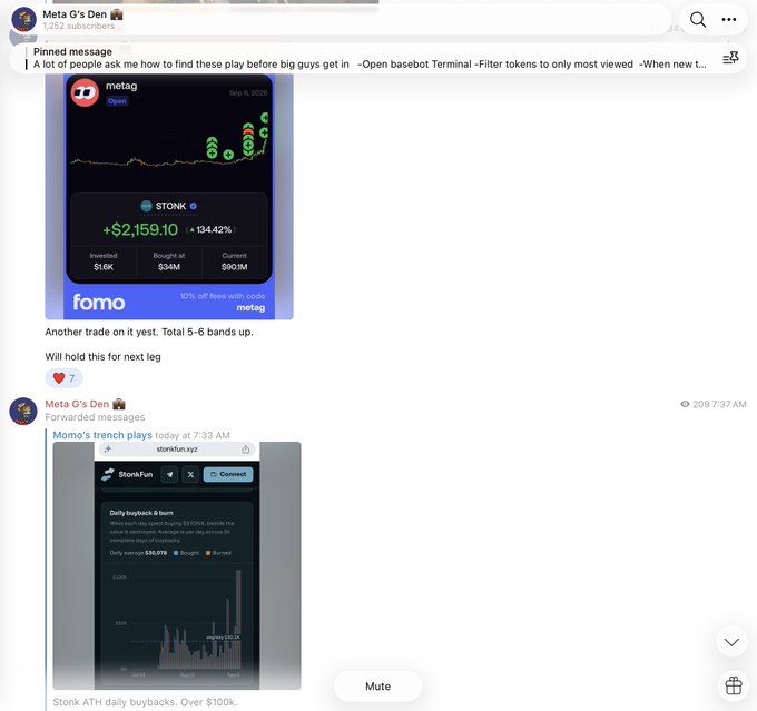 The image shows a screenshot of a Discord channel called "Meta G's Den" featuring two posts about the $STONK token, including a fomo trading screenshot showing a +$2,159.10 (+134.42%) gain from a $1.6K investment now worth $34M, and a StonkFun chart displaying daily buybacks of $80,078 and earnings of $18,274.