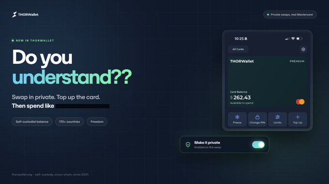 A promotional landing page for THORWallet advertising a self-custodial crypto card with the tagline 'Do you understand?? Swap in private. Top up the card.' showing a card balance of $262.43.
