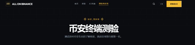 A dark-themed webpage header for 'ALL ON FINANCE' featuring Chinese text '币安终端测验' (Binance Terminal Test) and a yellow '帮你AI' button.