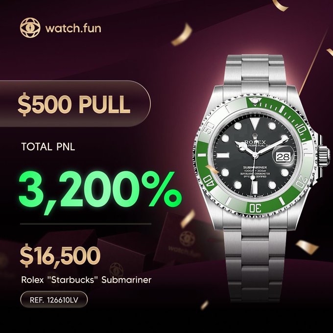 A promotional graphic from watch.fun highlights a "$500 PULL" yielding a "TOTAL PNL" of "3,200%" on a Rolex "Starbucks" Submariner (REF. 126610LV), turning $500 into $16,500, visually showcasing the stainless steel watch with its distinctive green bezel alongside the bold performance figures and celebratory gold confetti.