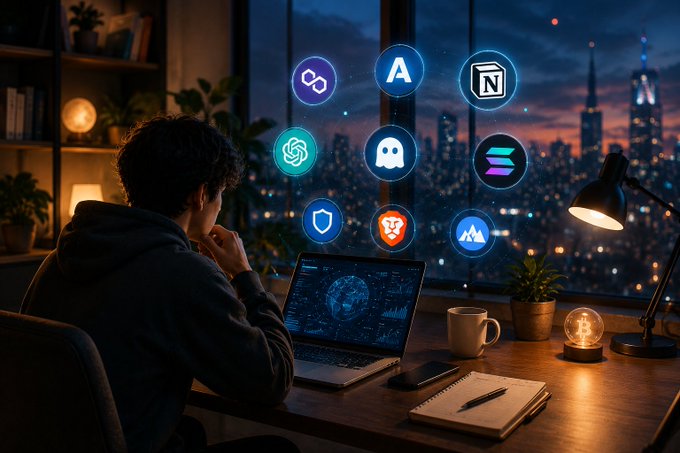 A person sits at a desk viewing a laptop with a globe on the screen, surrounded by floating app icons including Discord, Apple, Notion, OpenAI, Discord, and others, with a cityscape visible through the window behind them.