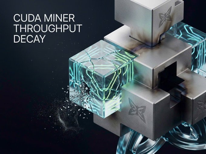 Digital artwork titled 'CUDA MINER THROUGHPUT DECAY' showing a glass cube with circuit patterns shattering apart next to metallic cubes marked with a star/leaf emblem.
