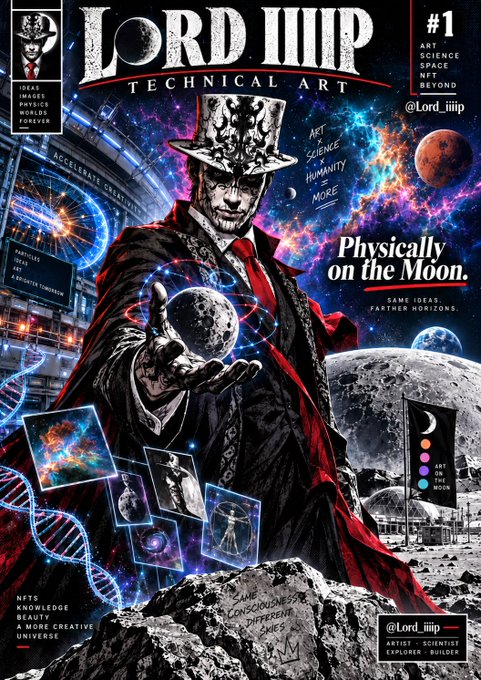 A stylized magazine cover titled 'LORD IIIIIP TECHNICAL ART' featuring a man in a top hat and red cape holding a moon, with text including 'Physically on the Moon', '#1', and '@Lord_iiiip'.