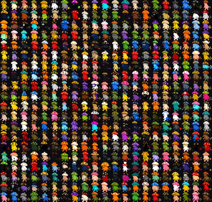 A dense grid of colorful pixel-art Pepe the Frog characters in various designs, colors, and mushroom-themed variations arranged against a black background, representing an Ordinals/rare sats collection. The image visually reflects the post's discussion of using rare sats (Bitcoin Ordinals) to build narrative around the gPepe collection by @itchatoshi and the @toadstools_btc community.