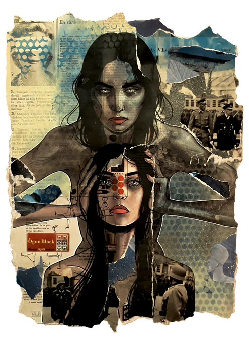 A mixed-media collage artwork featuring two women's faces layered over torn paper, photographs, and text fragments including 'La manzana' and a label reading 'Ogon Block'.